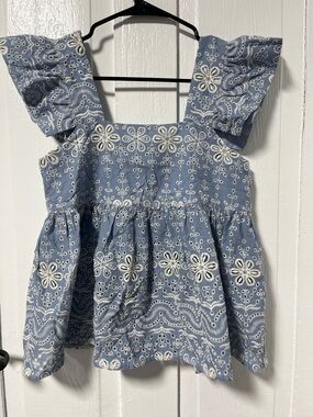 THML Flutter sleeve Embroidered eyelet babydoll Cotton top with back buttons XS